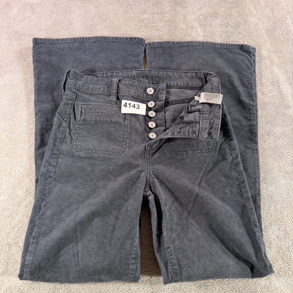 American Eagle Corduroy Pants Women 4 Gray Stretch Button Fly Flare Patch Pocket